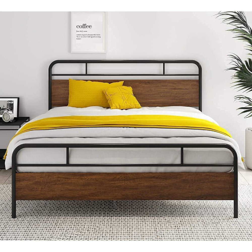 Queen Size Industrial Metal Wood Platform Bed Frame with Headboard and Footboard-1