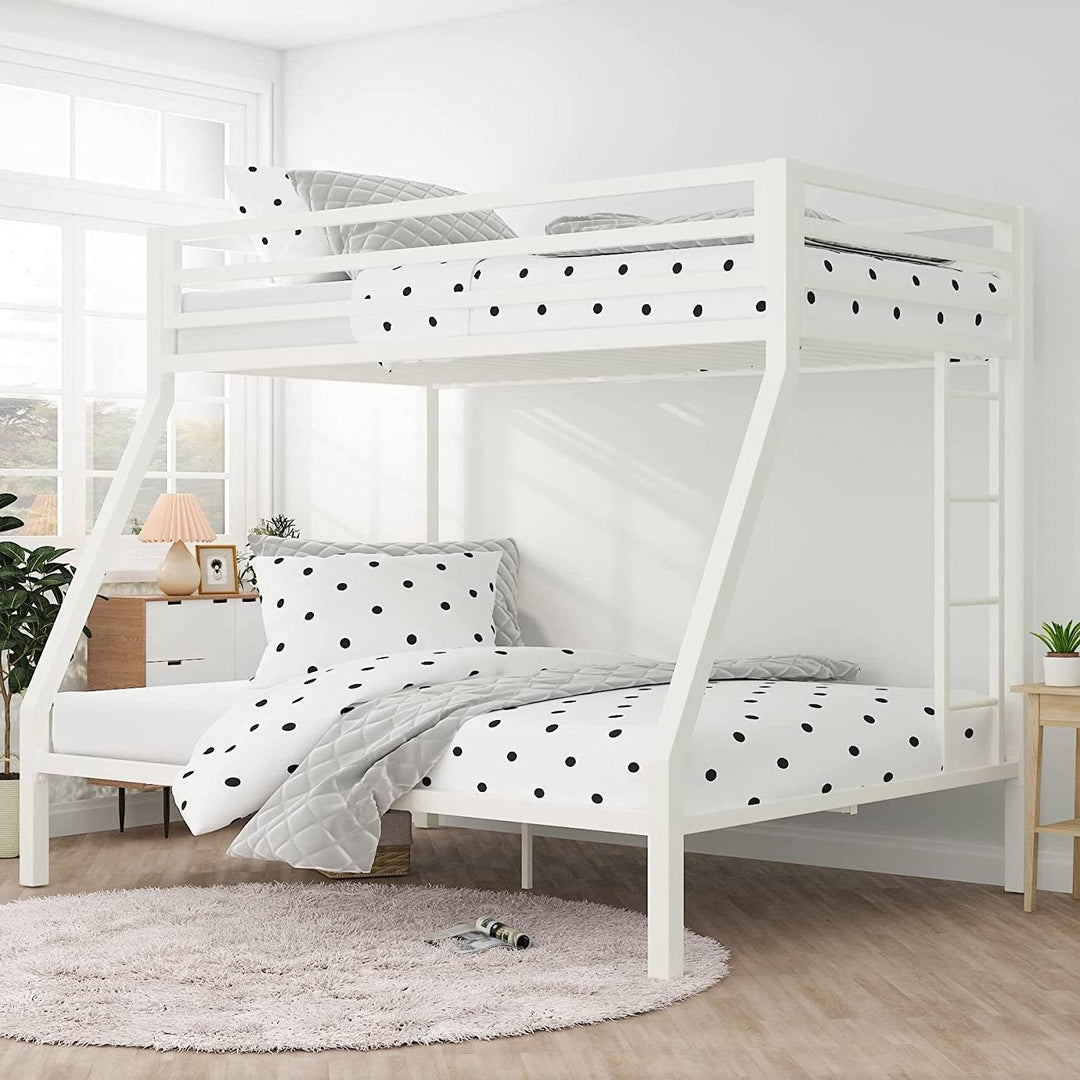 Twin over Full Modern Metal Bunk bed Frame in White with Ladder-0