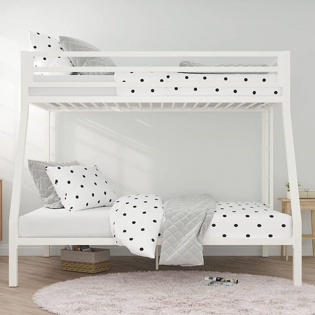 Twin over Full Modern Metal Bunk bed Frame in White with Ladder-2