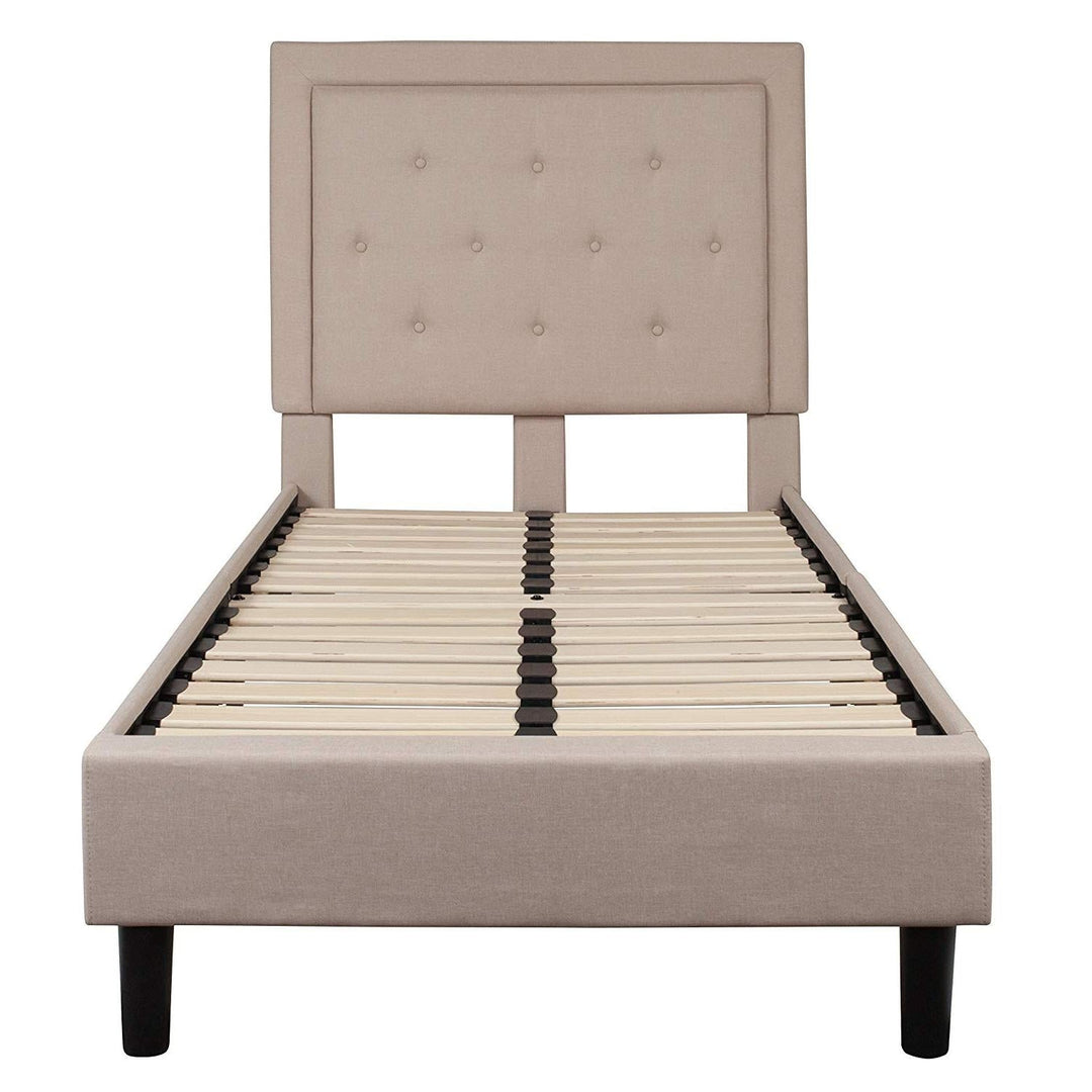 Twin Beige Fabric Upholstered Platform Bed with Button Tufted Headboard-1