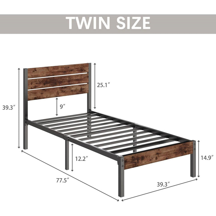 Twin size Modern Farmhouse Metal Platform Bed Frame with Brown Wood Headboard-4