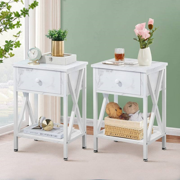 Set of 2 - Rustic Farmhouse 1-Drawer Nightstand Bedside Table in White-0