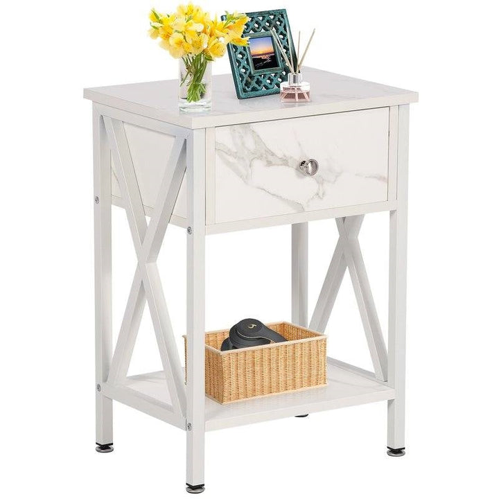 Set of 2 - Rustic Farmhouse 1-Drawer Nightstand Bedside Table in White-2