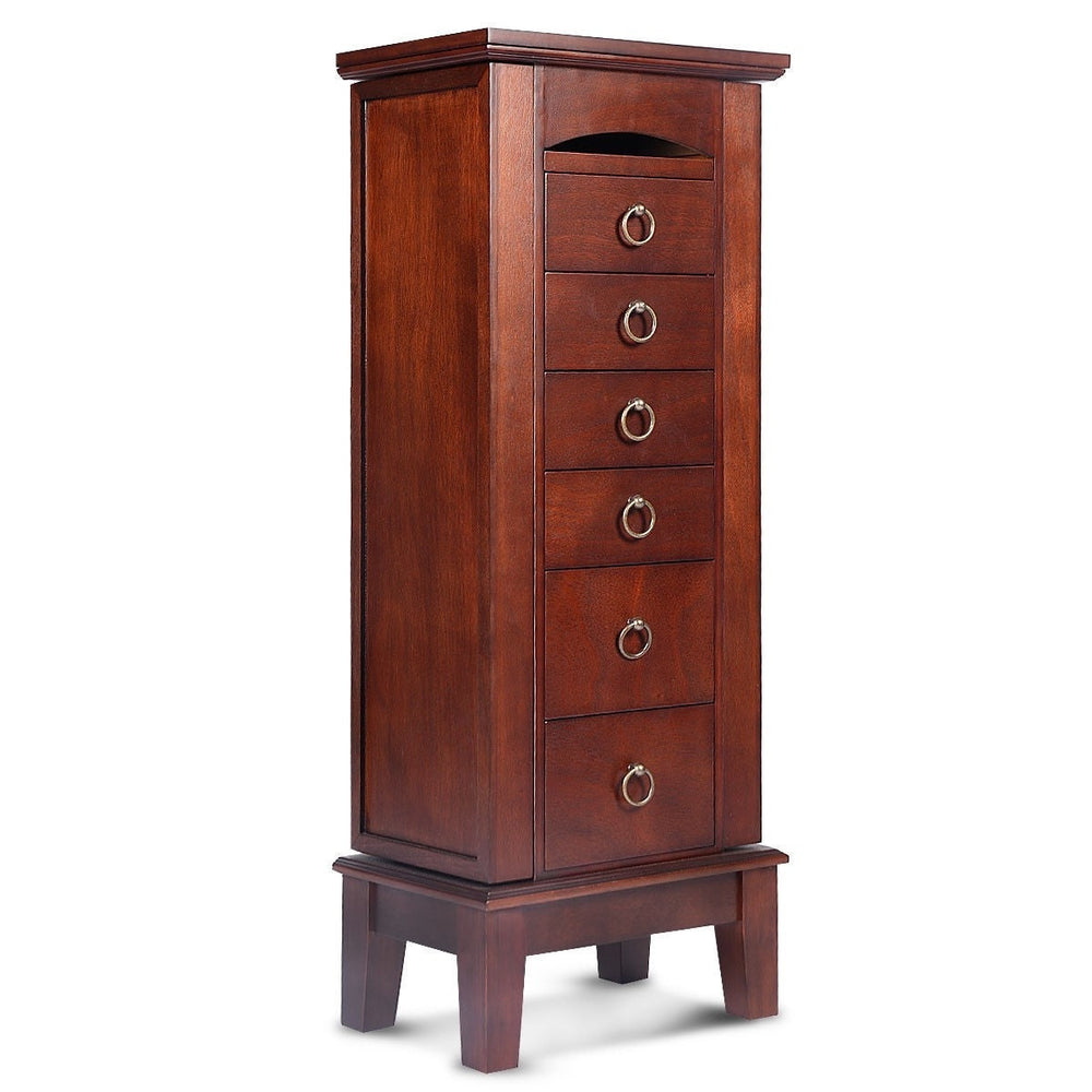 Medium Brown Wood Jewlery Armoire Storage Chest Cabinet with Mirror-1