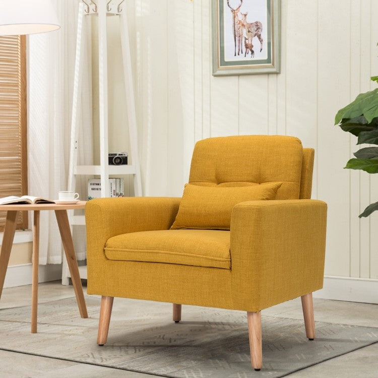 Yellow Linen Mid-Century Modern Living Room Accent Chair with Pillow-1