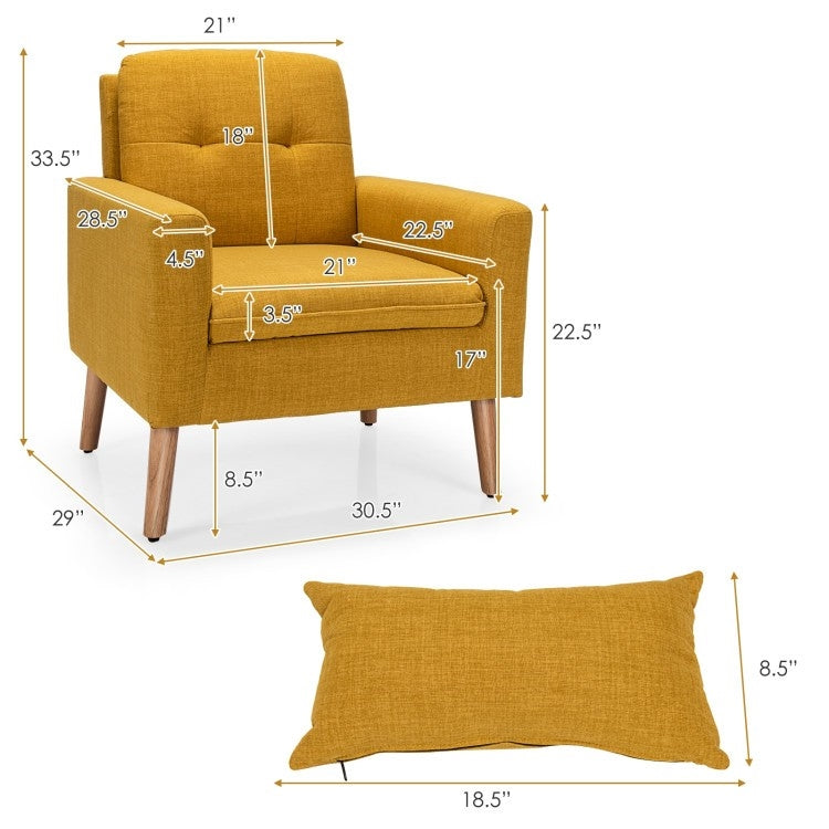 Yellow Linen Mid-Century Modern Living Room Accent Chair with Pillow-2