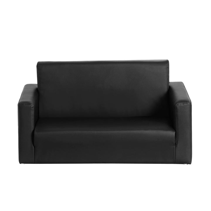 Kids Convertible Sofa 2 Seater Black PU Leather Children Couch Lounger-2