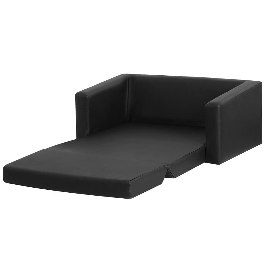 Kids Convertible Sofa 2 Seater Black PU Leather Children Couch Lounger-0