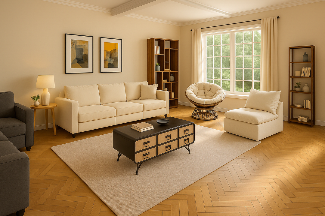 Modern Living Room Furniture Set – Sectional Sofas, Wicker Accent Chair, Shelf & Coffee Table (Beige & Walnut)