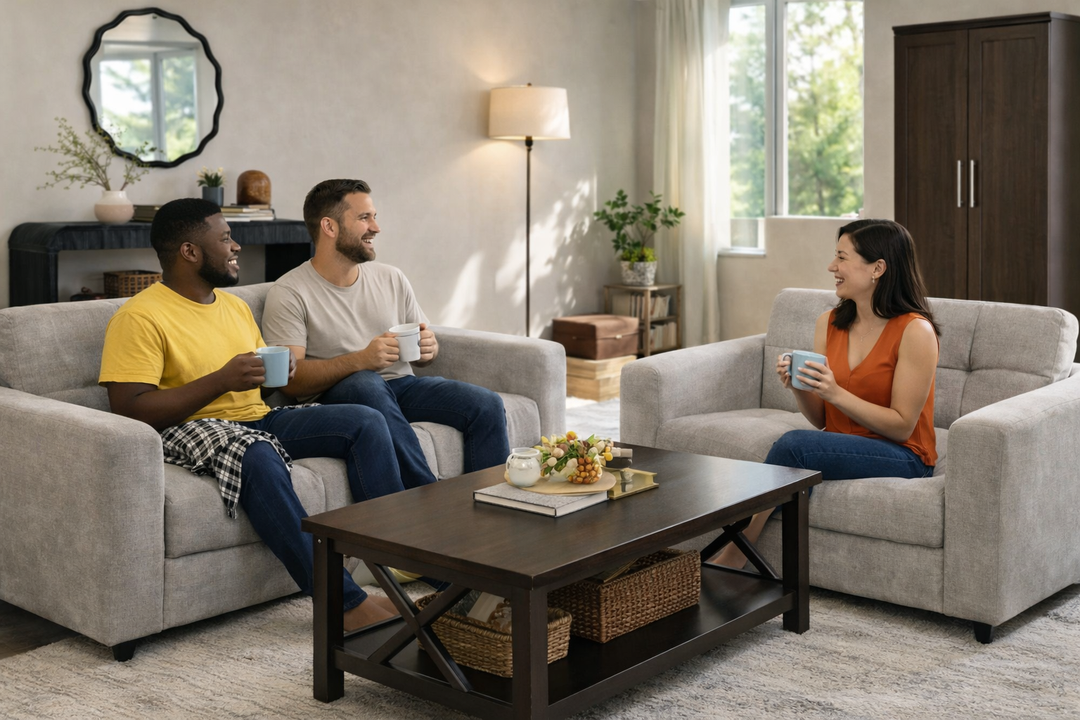 Modern Sunny Living Room with Gray Sofa Set & Dark Wood Coffee Table