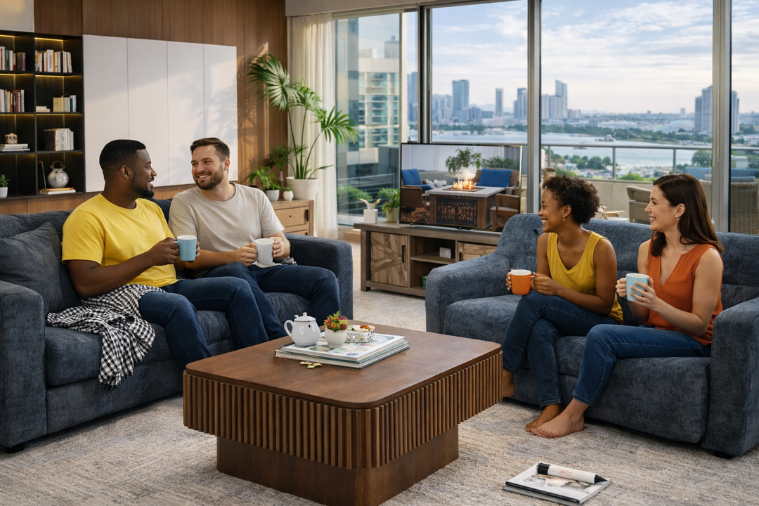 Modern High-Rise Living Room Furniture Set with Swivel Chair, Sectional Sofa & Fire Pit Balcony View