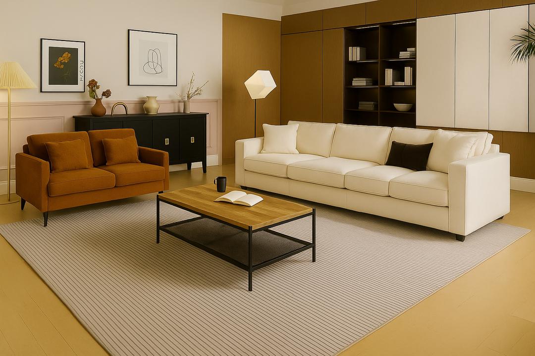 Modern Warm Living Room Furniture Set – Coffee Table, Sideboard & Orange Chenille Loveseat