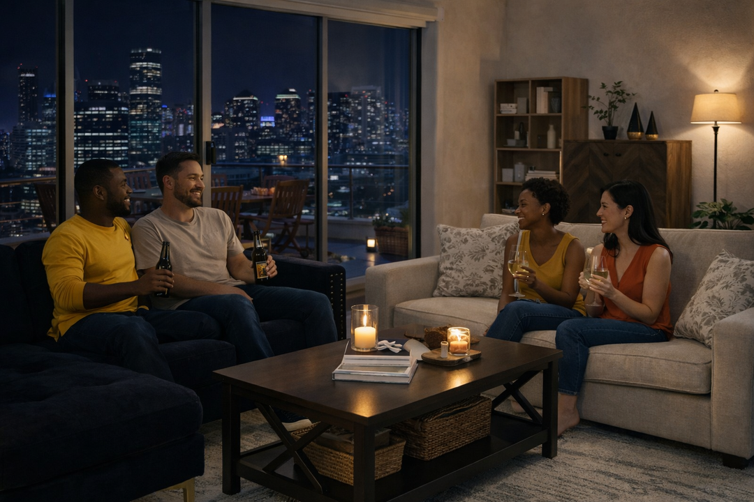 Modern Night Living Room with Black Sectional & City Skyline View