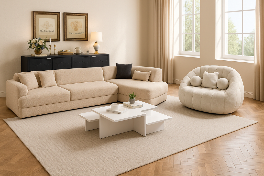 Modern Comfort Living Bundle – Modular Sofa, Bean Bag, Coffee Tables & Luxury Sideboard (Save 10%)