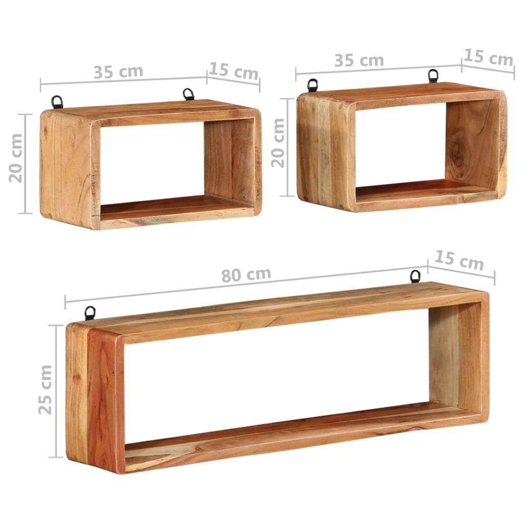 vidaXL 3 Piece Wall Cube Shelf Set Solid Acacia Wood-6
