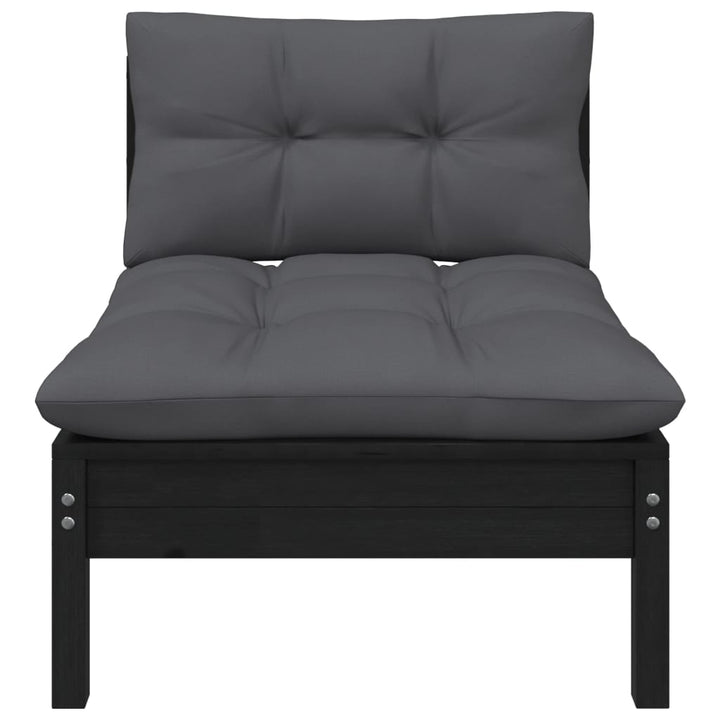vidaXL Patio Middle Sofa with Cushions Black Solid Pinewood-0