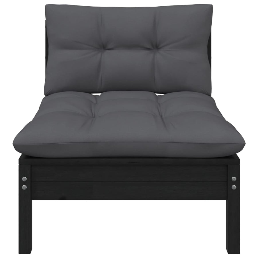 vidaXL Patio Middle Sofa with Cushions Black Solid Pinewood-0