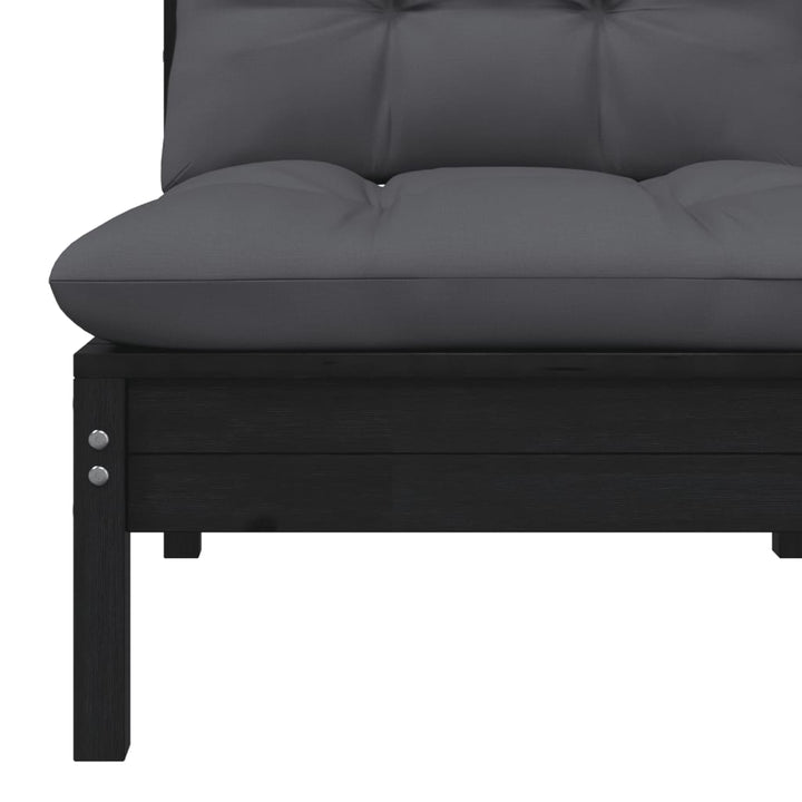 vidaXL Patio Middle Sofa with Cushions Black Solid Pinewood-2