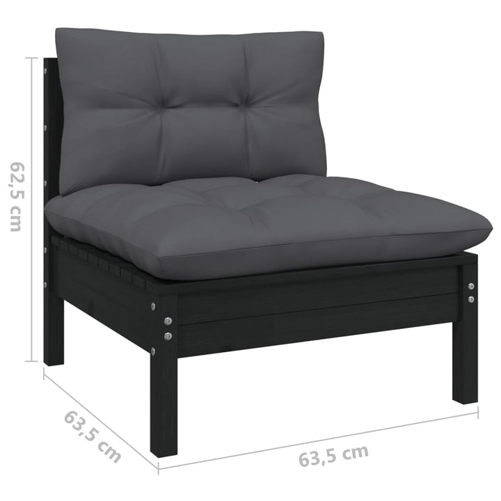 vidaXL Patio Middle Sofa with Cushions Black Solid Pinewood-4
