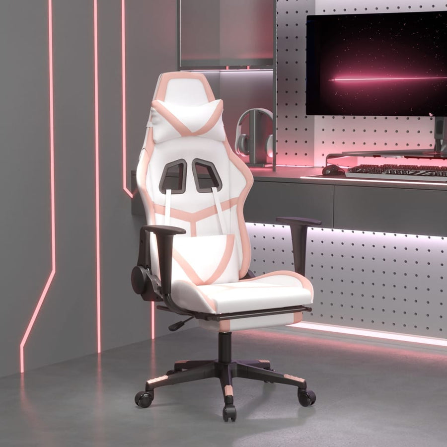 vidaXL Gaming Chair with Footrest White and Pink Faux Leather-0