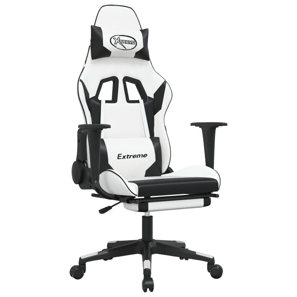vidaXL Gaming Chair with Footrest White and Black Faux Leather-8