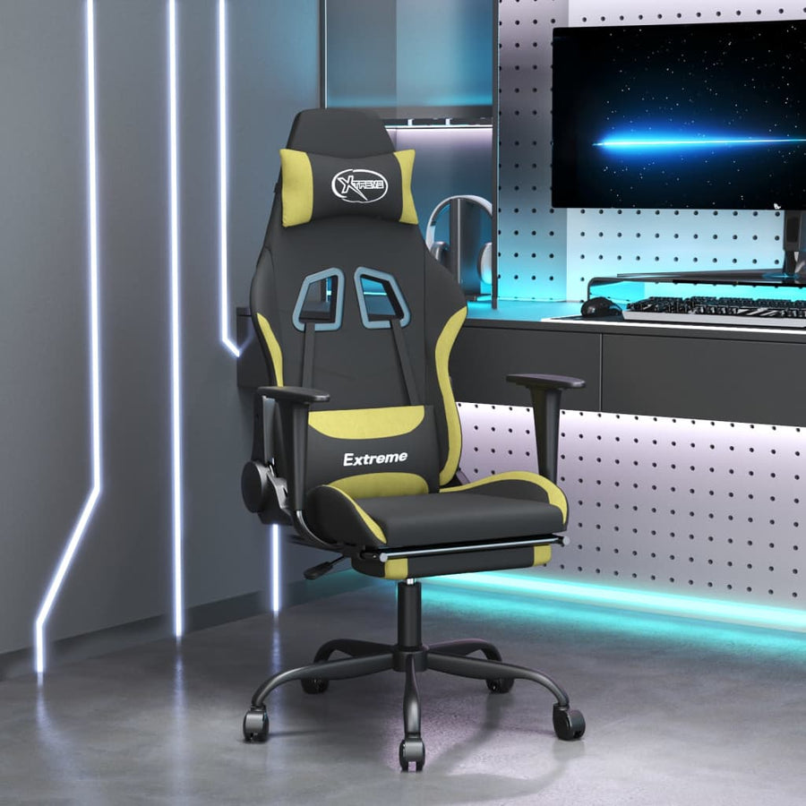vidaXL Gaming Chair with Footrest Black and Light Green Fabric-0