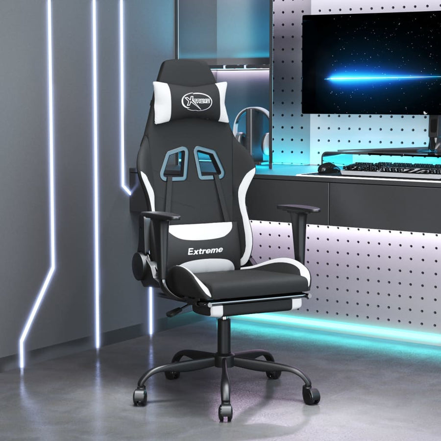 vidaXL Gaming Chair with Footrest Black and White Fabric-0
