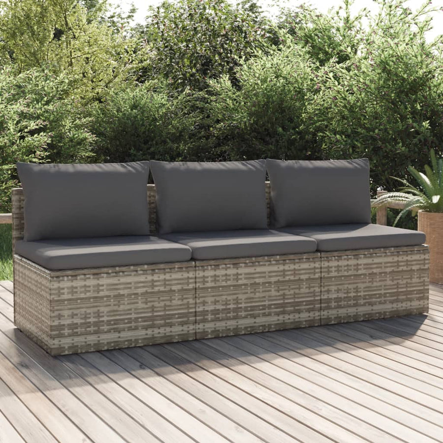 vidaXL 3-Seater Patio Sofa with Cushions Gray Poly Rattan-0