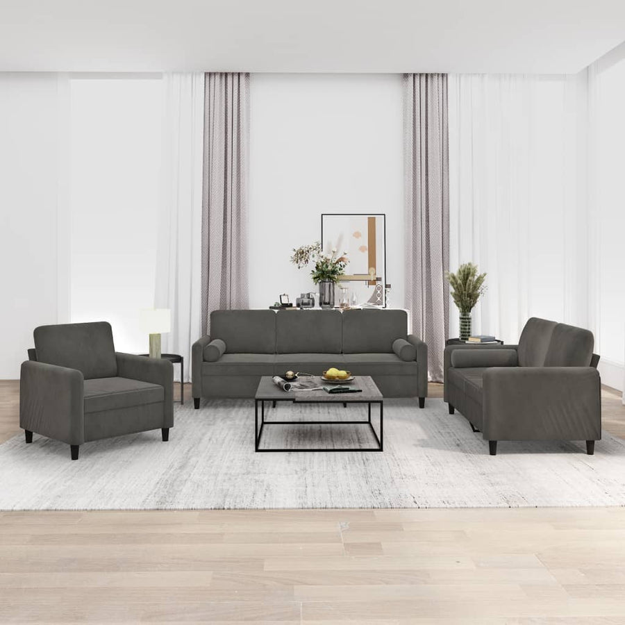 vidaXL 3 Piece Sofa Set with Throw Pillows&Cushions Dark Gray Velvet-0