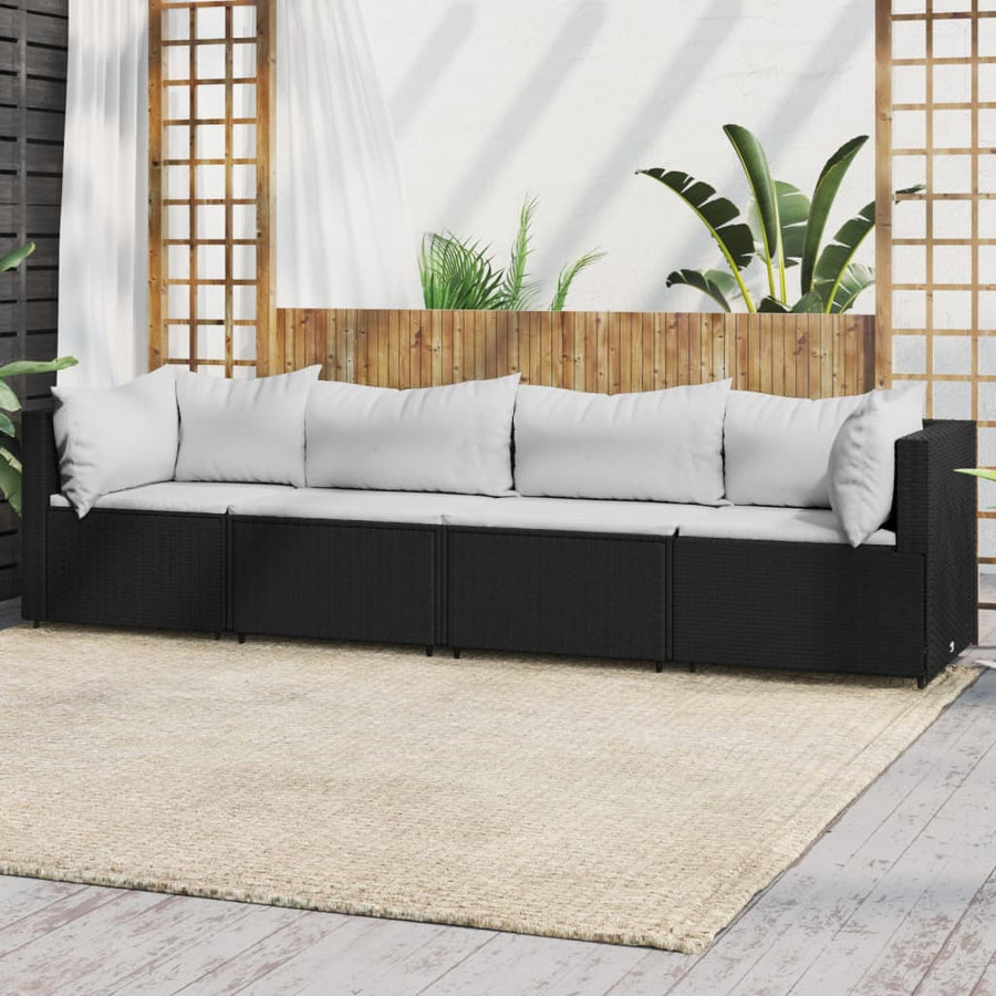 vidaXL 4 Piece Patio Lounge Set with Cushions Black Poly Rattan-0