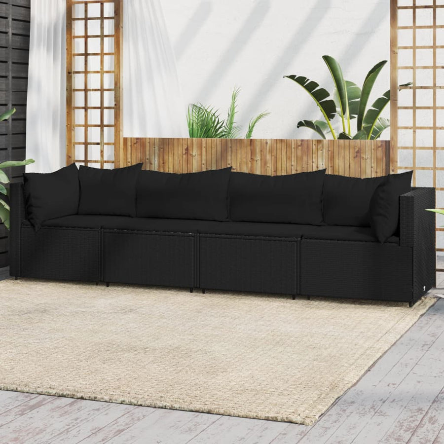 vidaXL 4 Piece Patio Lounge Set with Cushions Black Poly Rattan-0
