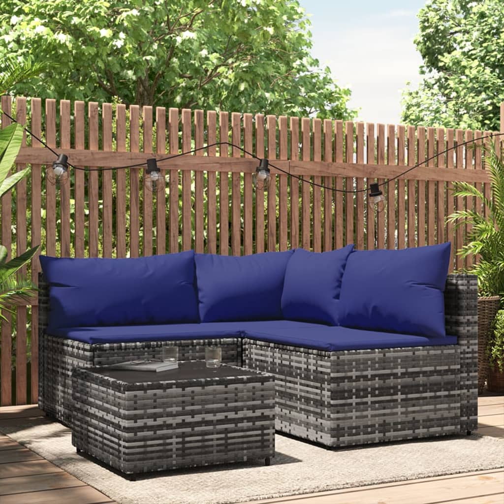 vidaXL 4 Piece Patio Lounge Set with Cushions Gray Poly Rattan-0