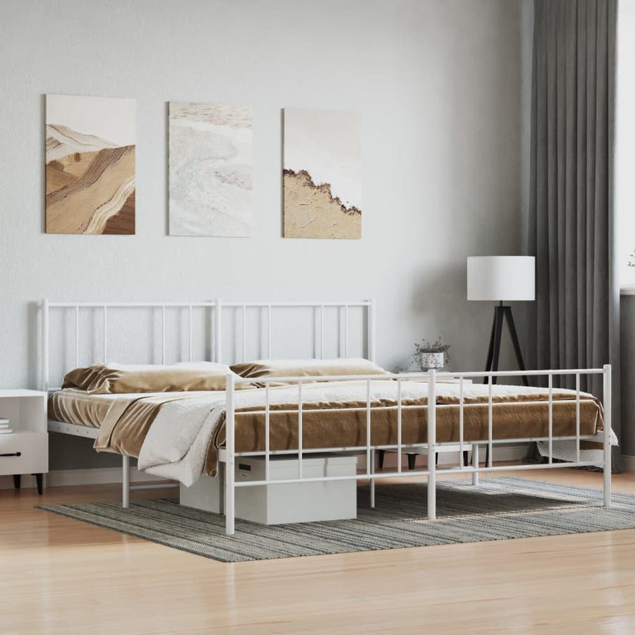 vidaXL Metal Bed Frame with Headboard and Footboard White 76"x79.9" King-0