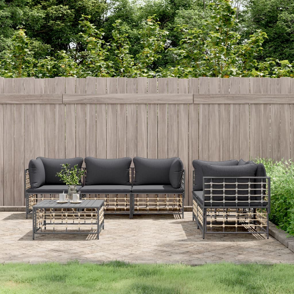 vidaXL 6 Piece Patio Lounge Set with Cushions Anthracite Poly Rattan-0