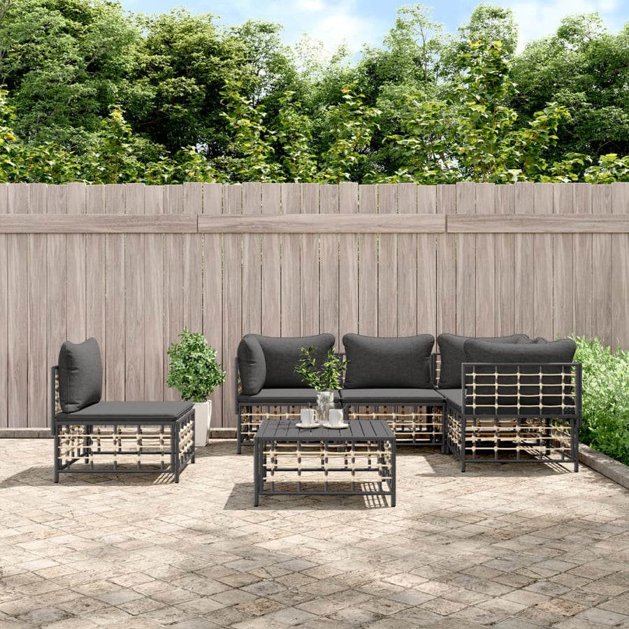 vidaXL 6 Piece Patio Lounge Set with Cushions Anthracite Poly Rattan-0