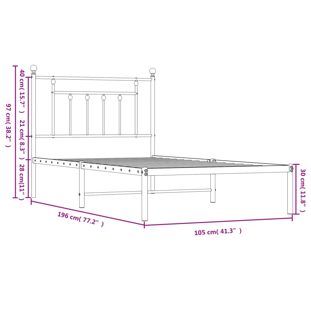 vidaXL Metal Bed Frame with Headboard Black 39.4"x74.8" Twin-3