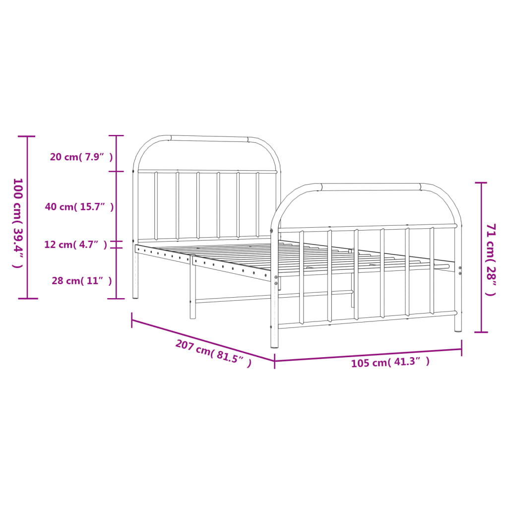 vidaXL Metal Bed Frame with Headboard and Footboard White 39.4"x78.7"-9