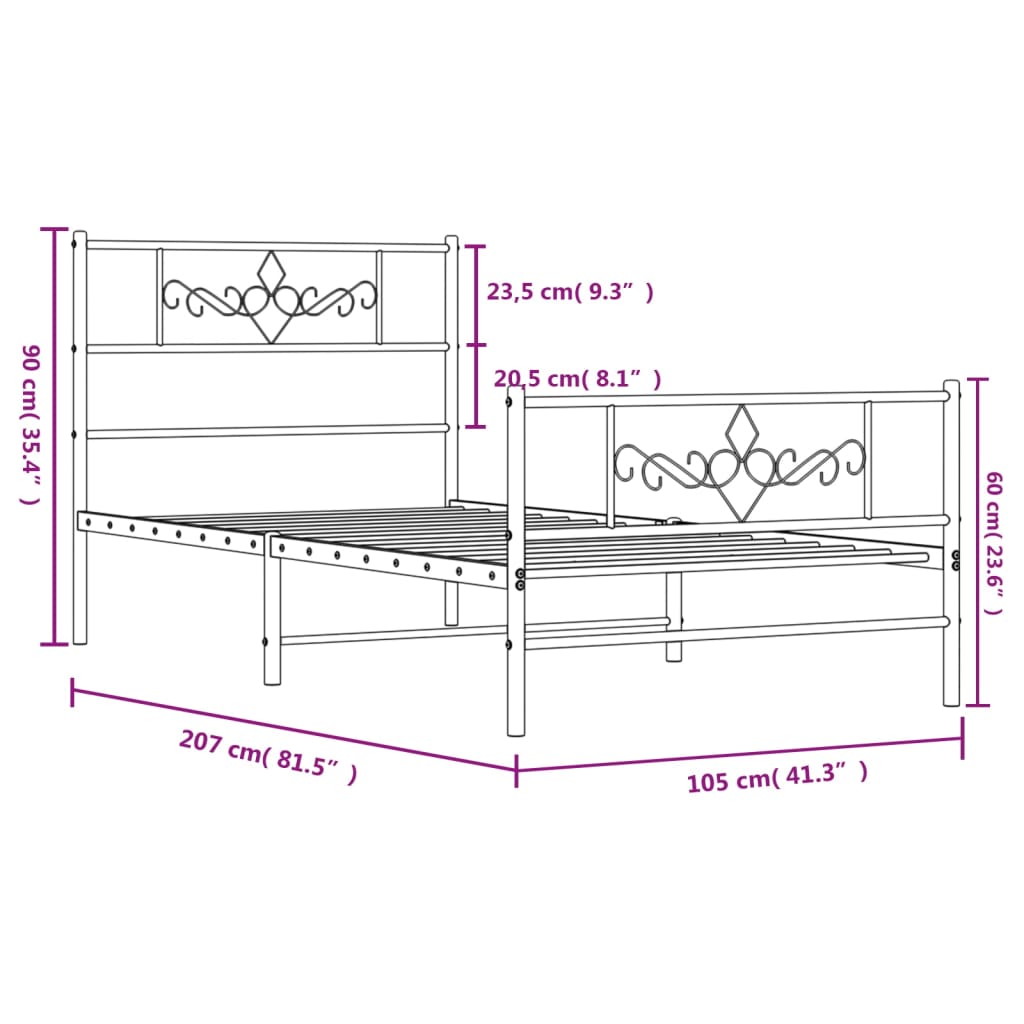 vidaXL Metal Bed Frame with Headboard and Footboard Black 39.4"x78.7"-7