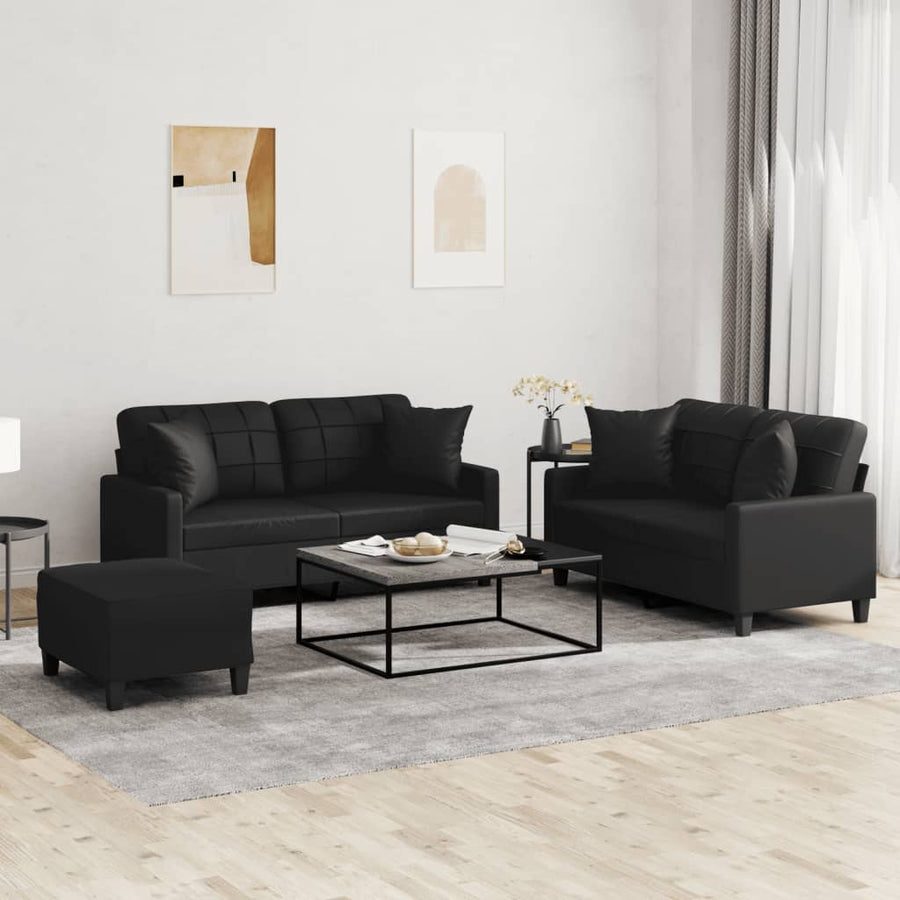 vidaXL 3 Piece Sofa Set with Pillows Black Faux Leather-0