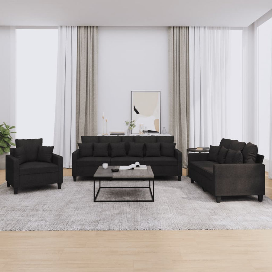 vidaXL 3 Piece Sofa Set with Pillows Black Fabric-0