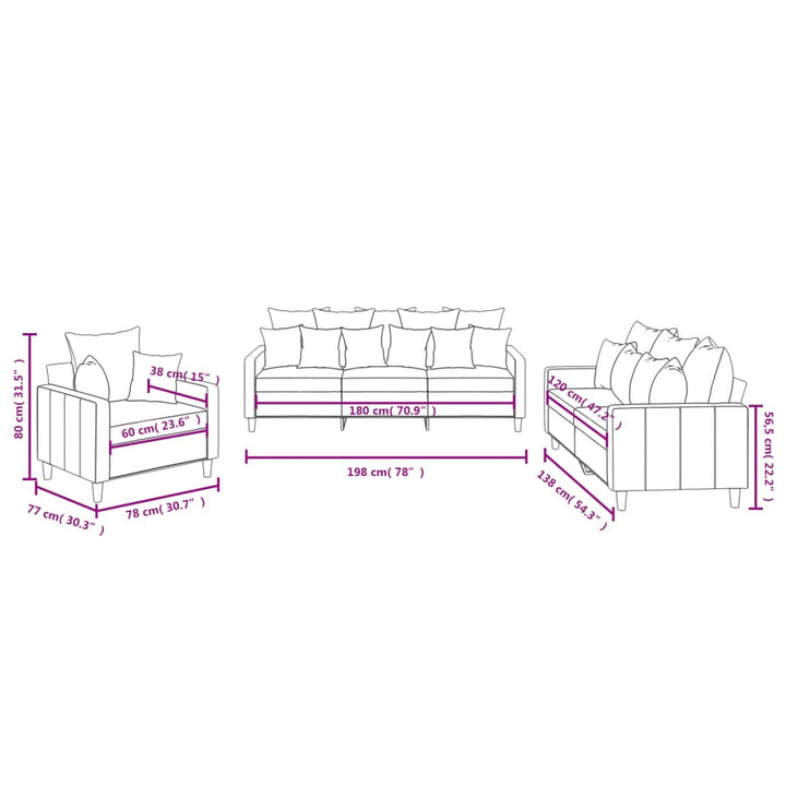 vidaXL 3 Piece Sofa Set with Cushions Dark Gray Velvet-6