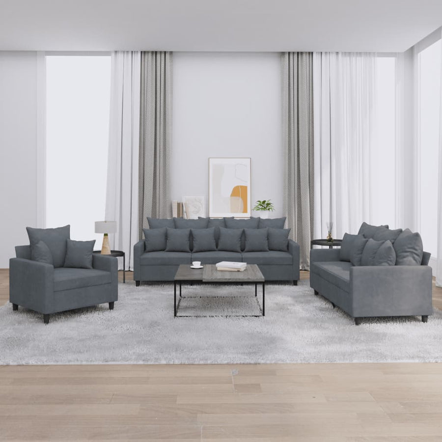 vidaXL 3 Piece Sofa Set with Cushions Dark Gray Velvet-0