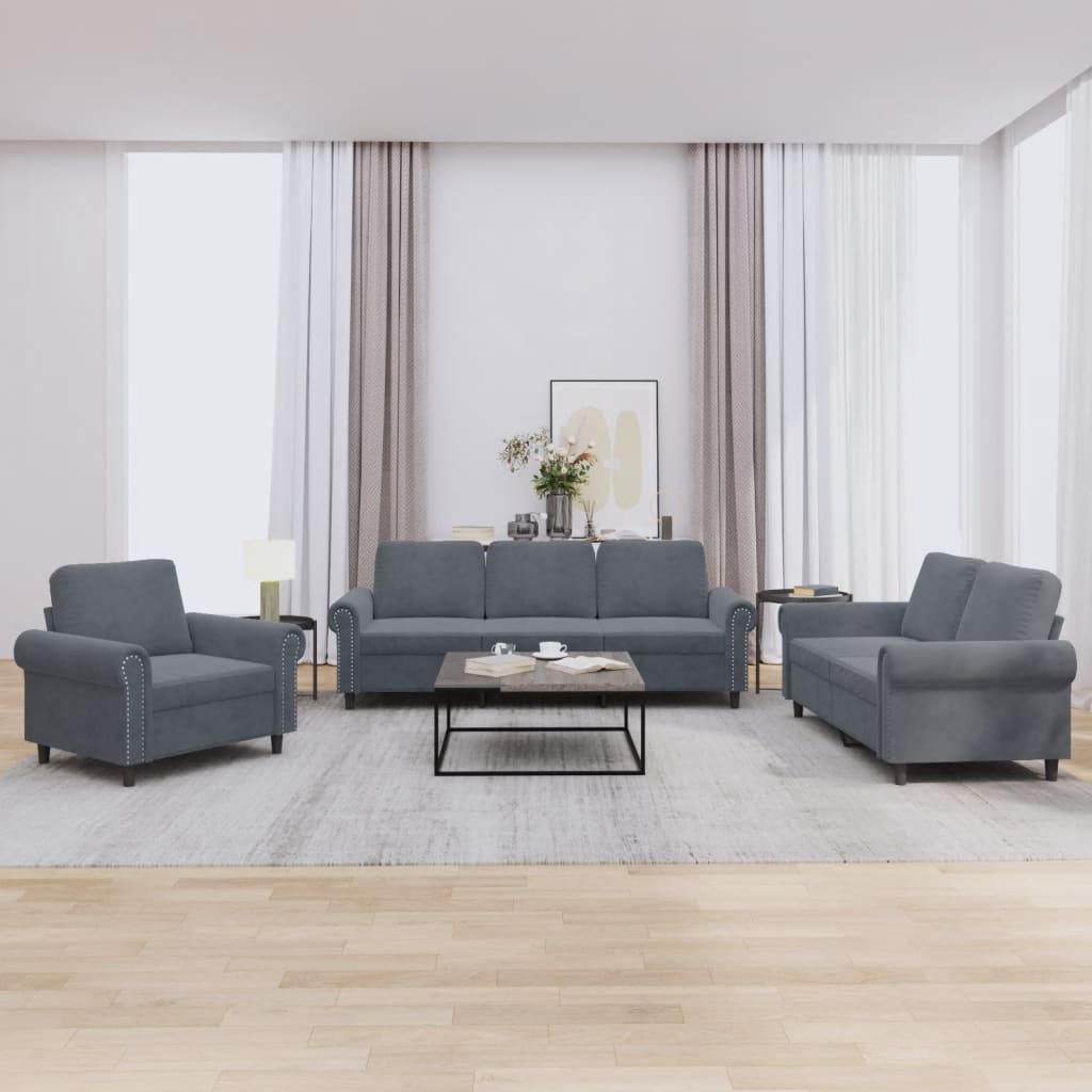 vidaXL 3 Piece Sofa Set with Cushions Dark Gray Velvet-0