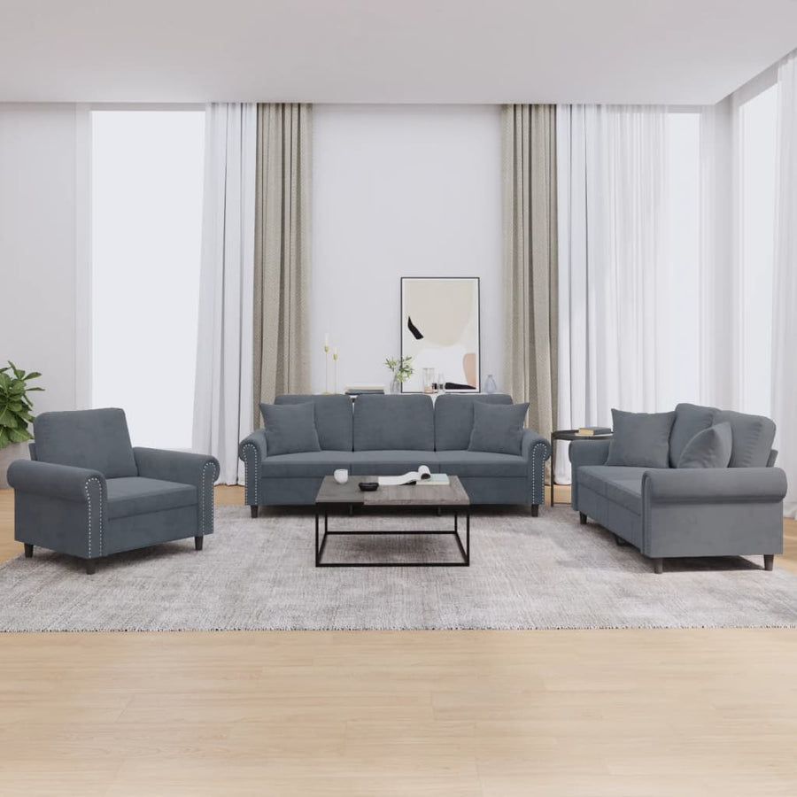 vidaXL 3 Piece Sofa Set with Pillows Dark Gray Velvet-0