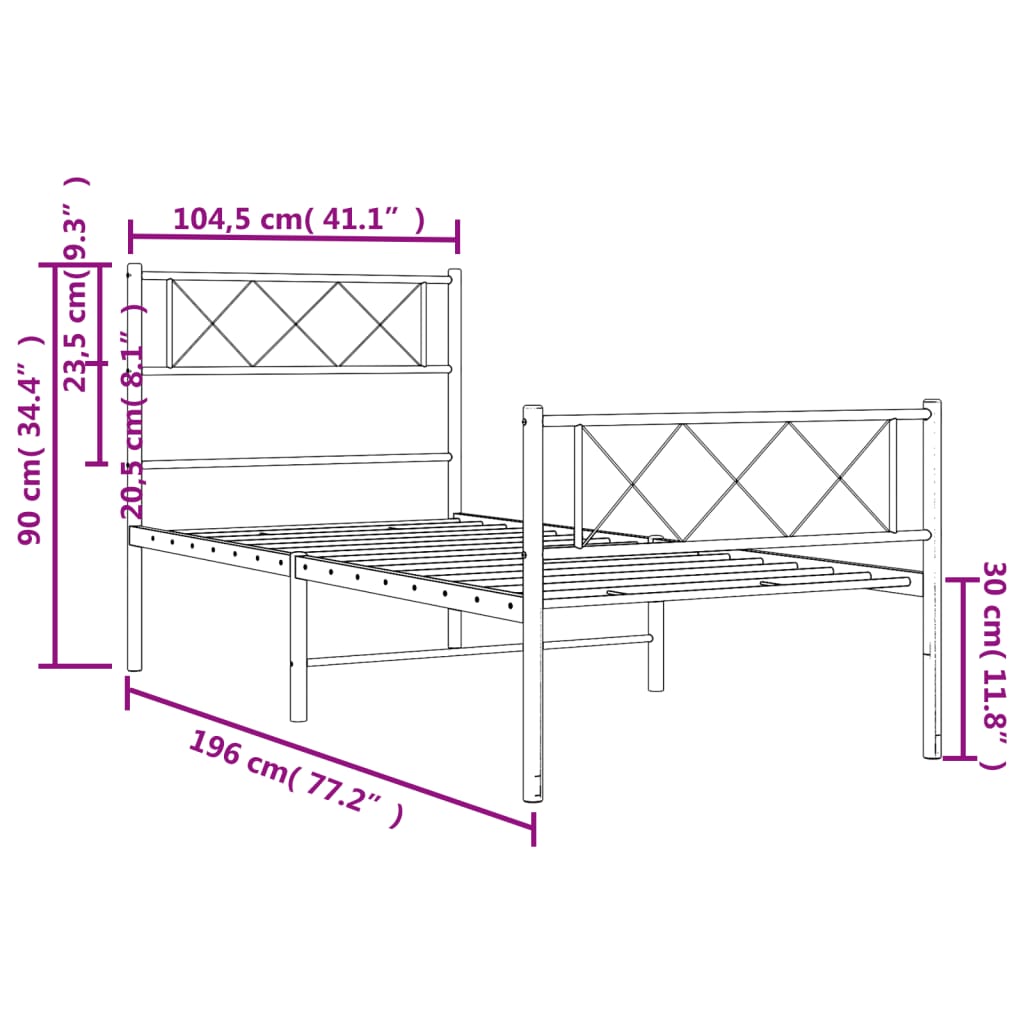 vidaXL Metal Bed Frame with Headboard and Footboard White 39.4"x74.8" Twin-7