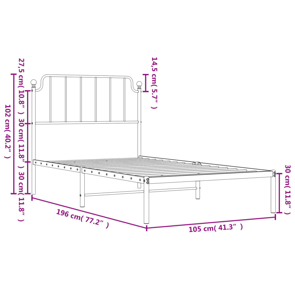 vidaXL Metal Bed Frame with Headboard Black 39.4"x74.8" Twin-7
