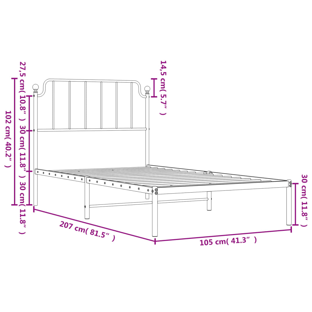 vidaXL Metal Bed Frame with Headboard White 39.4"x78.7"-7