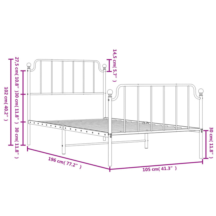 vidaXL Metal Bed Frame with Headboard and Footboard White 39.4"x74.8" Twin-7