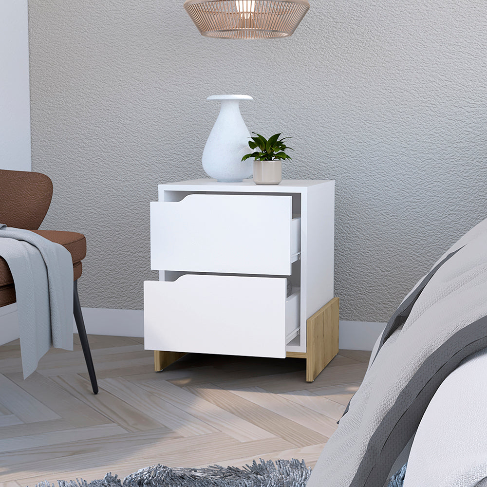 Nightstand Brookland, Bedside Table with Double Drawers and Sturdy Base, White / Macadamia Finish-1