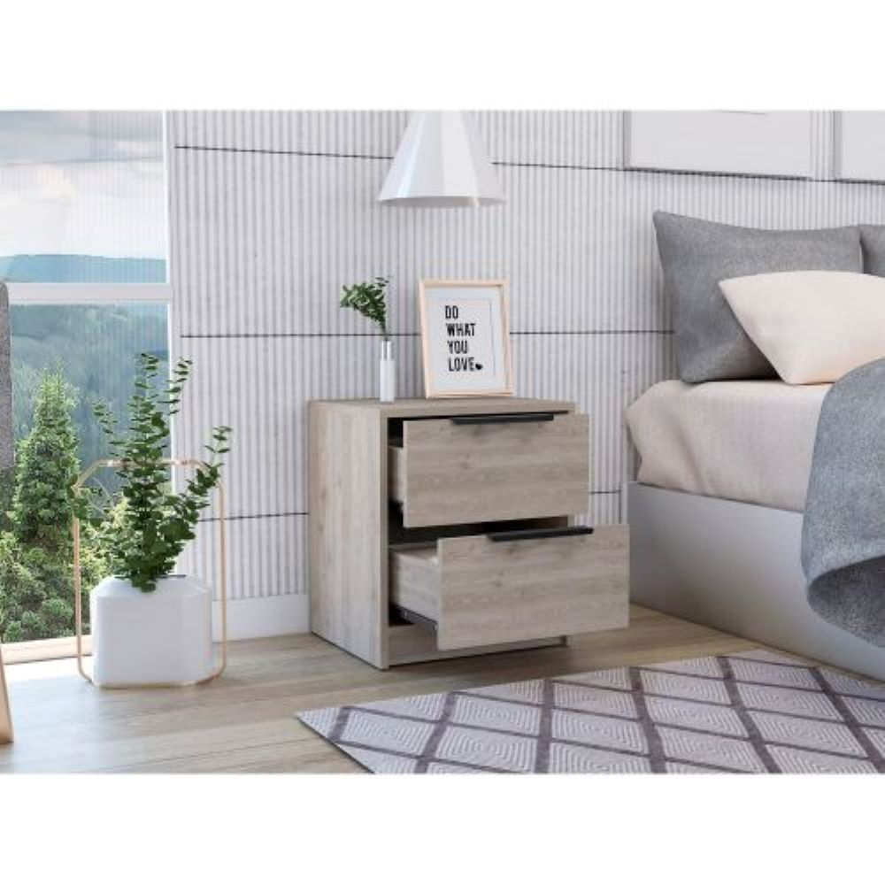 Nightstand Cervants, Two Drawers, Metal Handle, Light Gray Finish-1